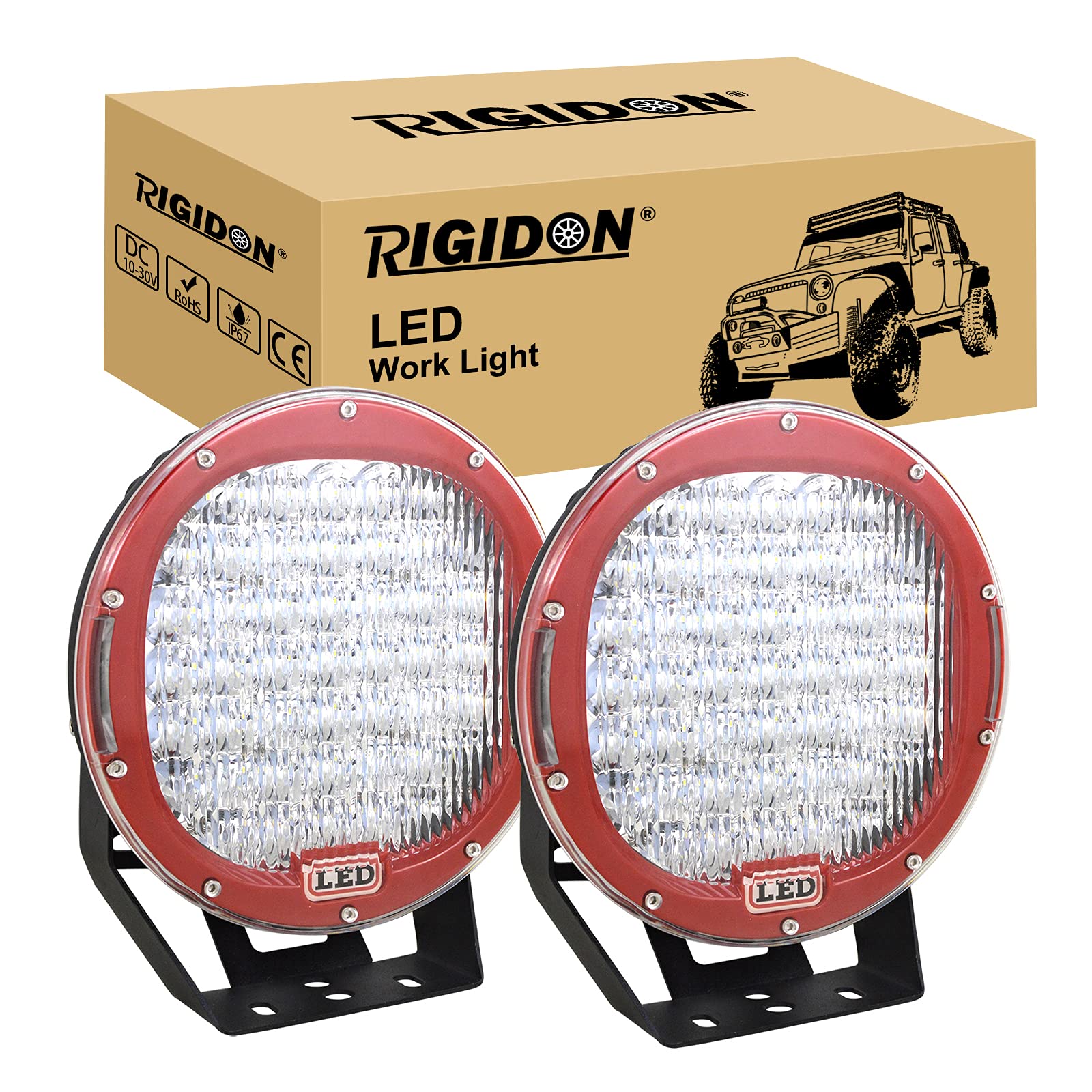 RIGIDON 2 Pcs Black Case Round Led Work Light, 9 inch 294W Spot Beam, 12V 24V Driving Lights Lamp Headlight for Car Off road Boat Truck 4x4 SUV ATV Tractors Excavator, 6000K White, Fog Lamp