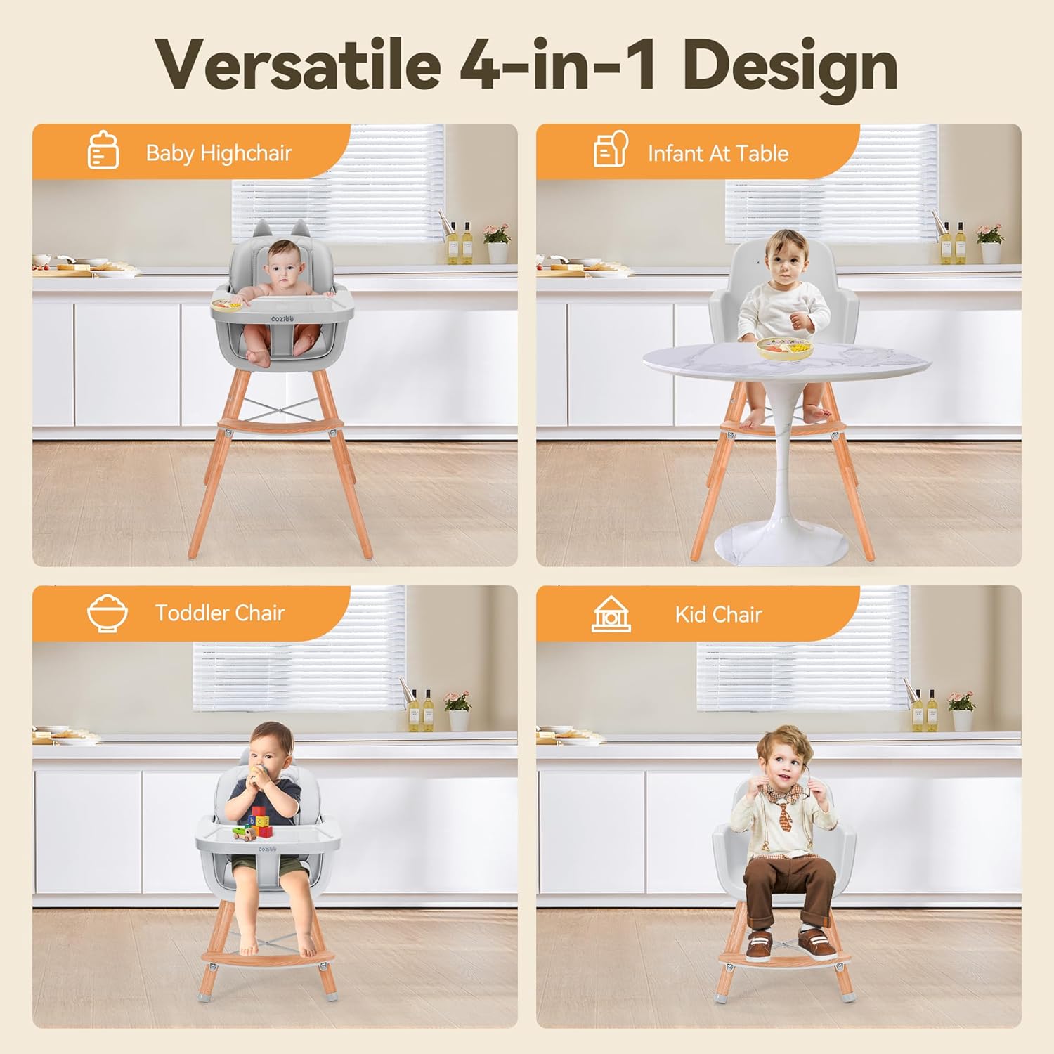 CoziBB 4 in 1 Highchair with Cat Ear, Removable 3-Position Tray, 5-Point Safety Belt Convertible Multifunctional High Chair with Removable Legs, Wooden Feeding Chair for Baby Infant Toddler (6 M-2 Y)