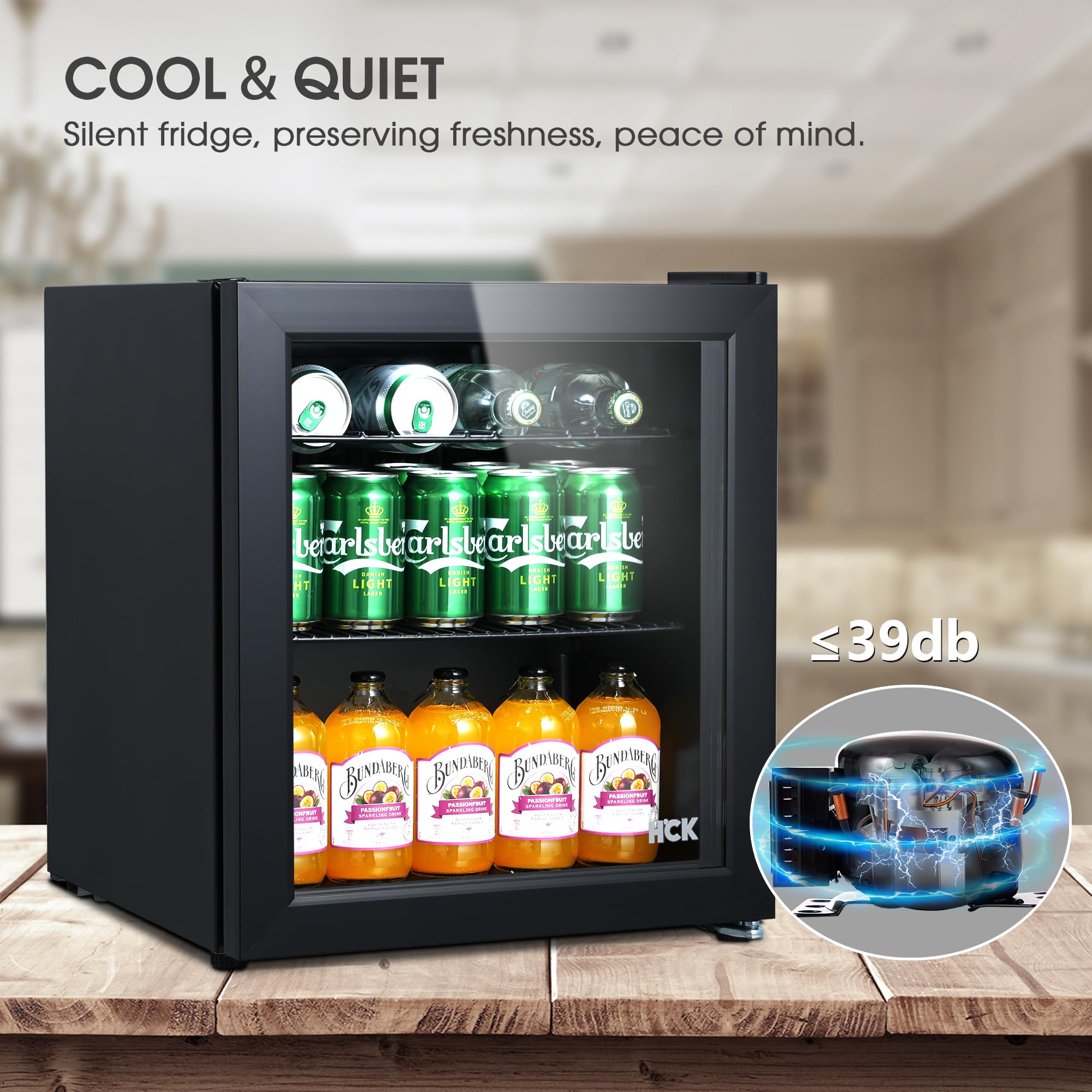 HCK 48L Mini Fridge with Glass Door, 0-15°C Cooling Zone and 2 Shelves, Compact Beverage Refrigerator Cooler for Bar and Living Room