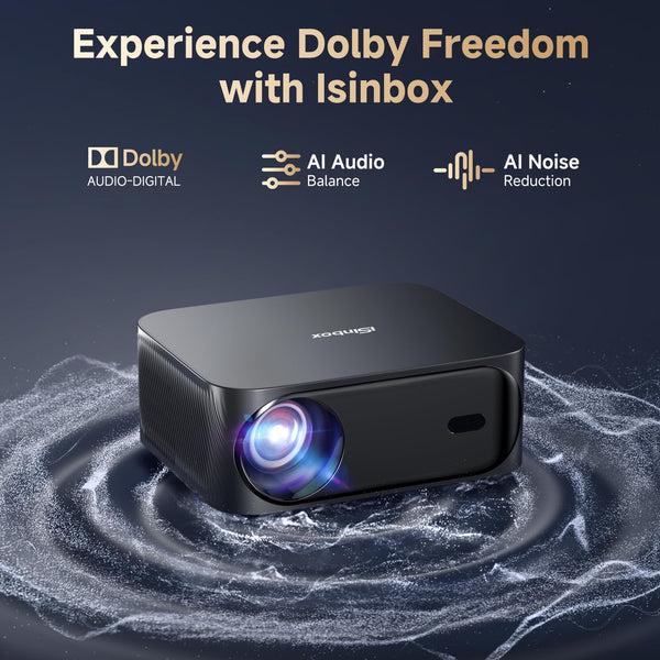 Smart 4K Projector, 30000 Lumen iSinbox WiFi6 Bluetooth Portable Projectors with Netflix App Audio, FHD 1080P with Electric Focus 4P Keystone, 100%-50% Zoom for Bedroom/Outdoor