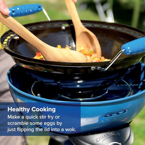 Campingaz Party Grill 400 CV, Camping Stove and Grill, All-in-One Portable Camping BBQ, with Griddle, Grid and Pan Support, Lid Doubles as Wok, Blue