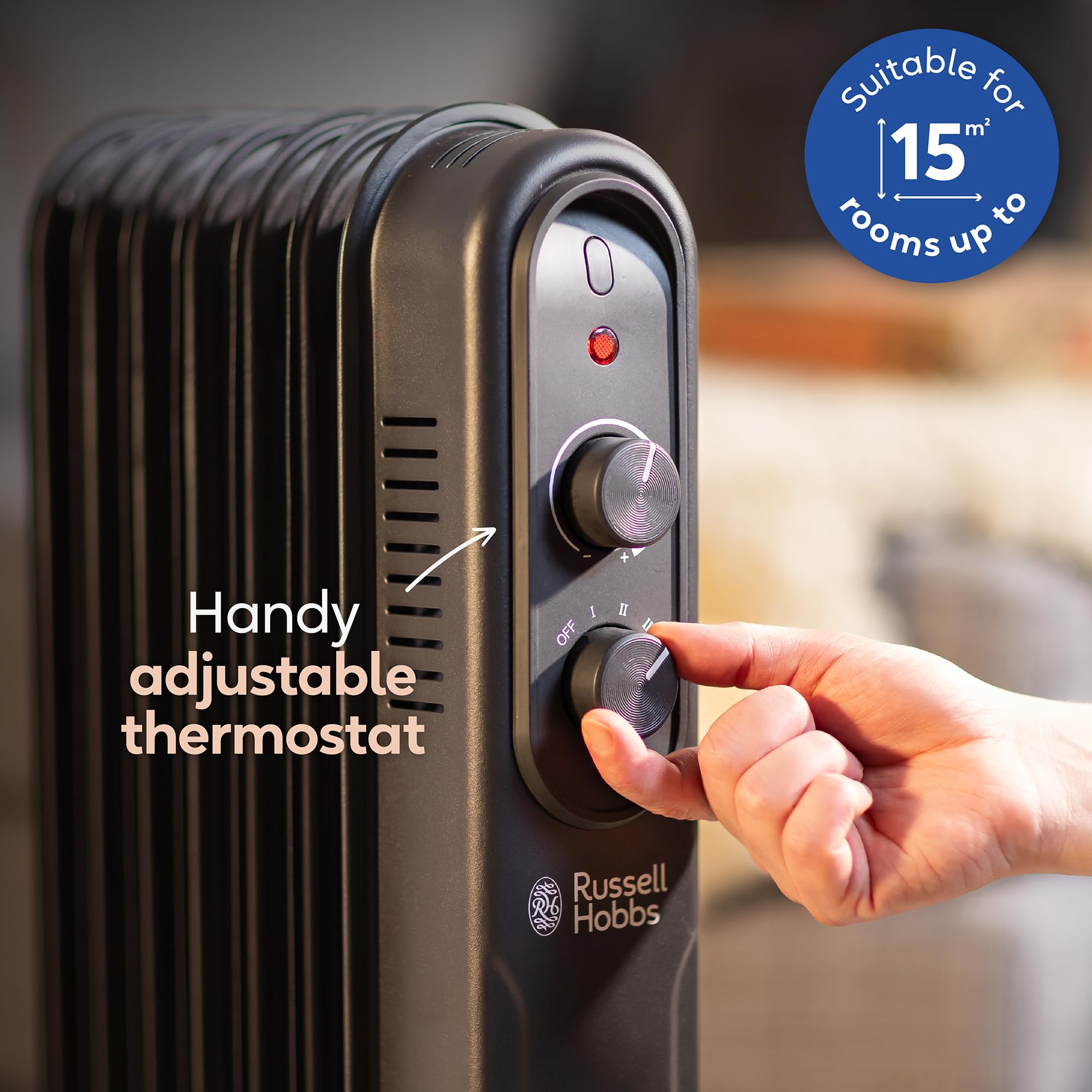 Russell Hobbs 1500W/1.5KW Oil Filled Radiator, 7 Fin Portable Electric Heater - Anthracite, Adjustable Thermostat, 3 Heat Settings, Overheat Protection, 15m sq Room Size, 2 Year Guarantee RHOFR7004A