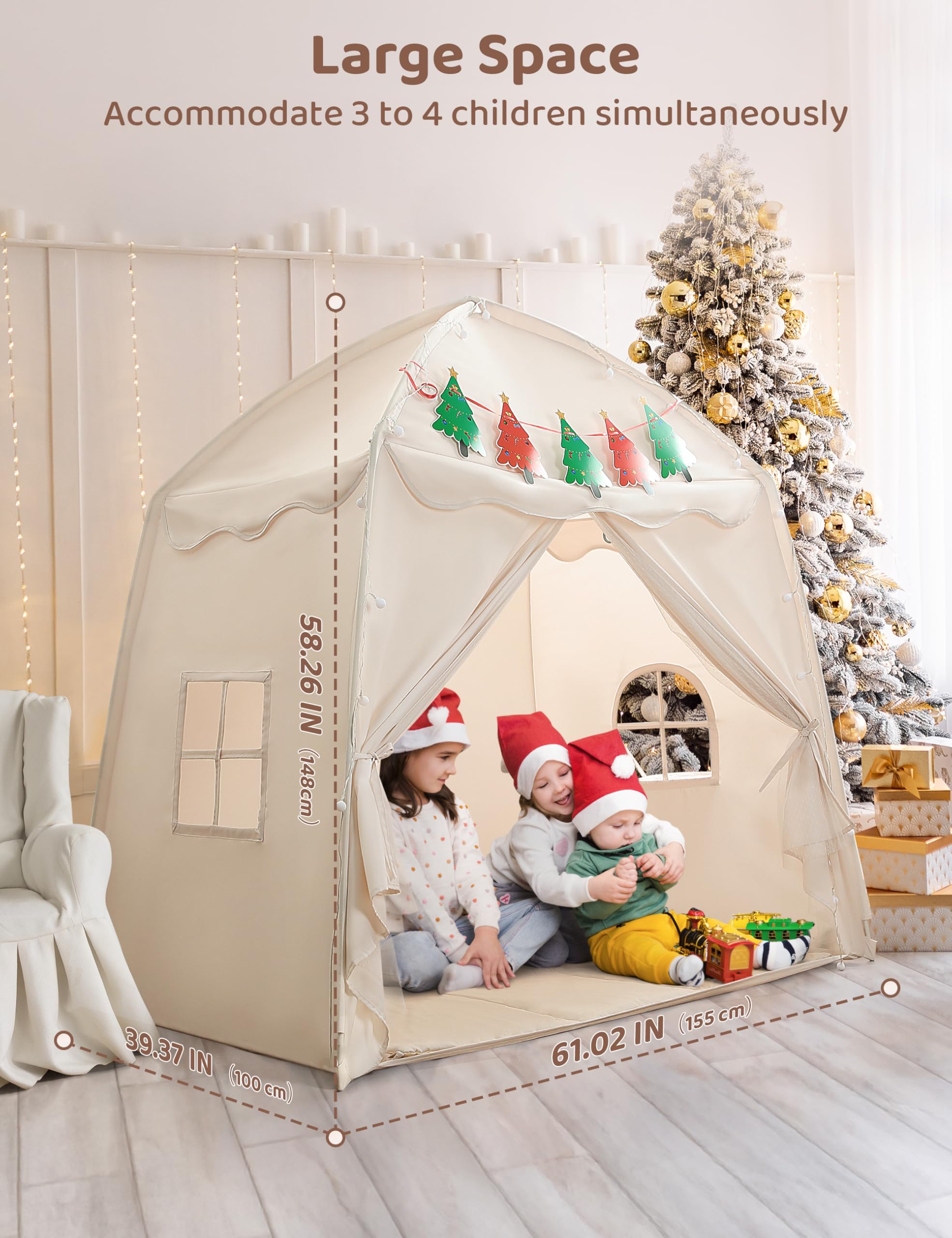 besrey Kids Play Tent Playhouse for Indoor & Outdoor – Spacious Design with Windows, Christmas Tree Flag & Lights Included