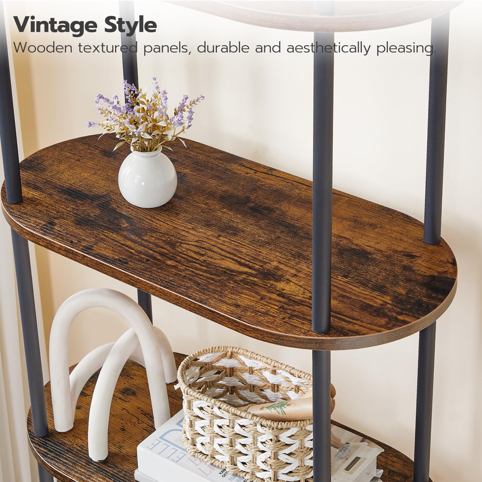 HOOBRO 5-Tier Book Shelf, Bookcase with Steel Frame, Industrial Arched Standing Ladder Shelf, Tall Storage Organizer, Storage Shelves for Living Room,