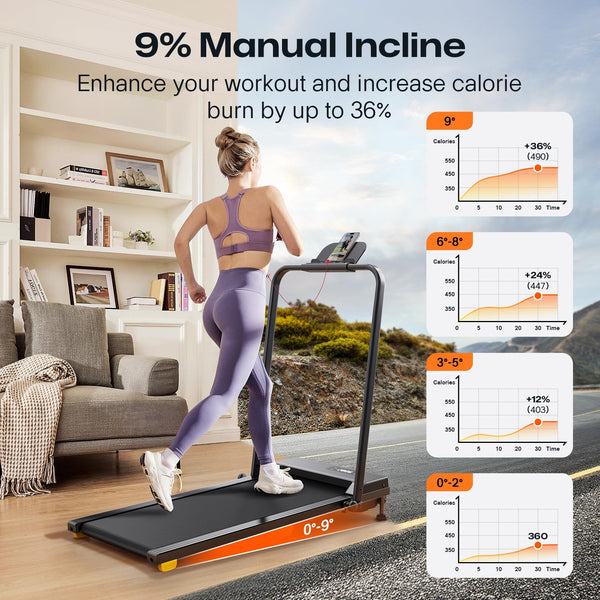 Folding Treadmill with 9% Incline, Walking Pad Foldable with Safety Handle Bar, One-Touch HIIT Mode, Walking, Jogging or Running for Home Office, No Assembly Required, Remote Control & LED Display