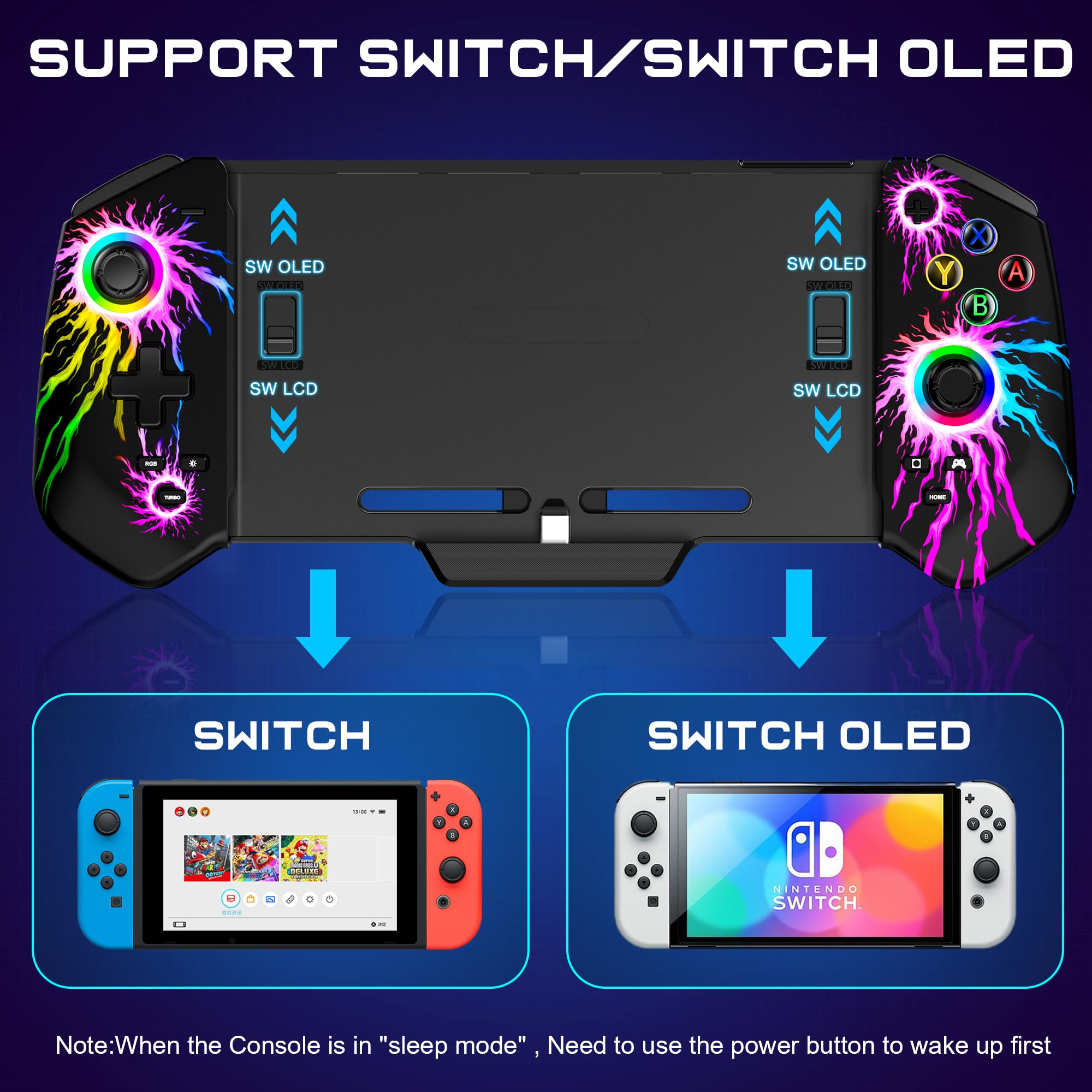 HELLCOOL Switch Pro Controller for Switch/OLED,Switch Controller for Handheld Grip with Hall Effect Joystick,One-Piece Switch Joycon with Turbo/Programmable/6-Axis/Vibration/RGB/4 Card Slot(Black)