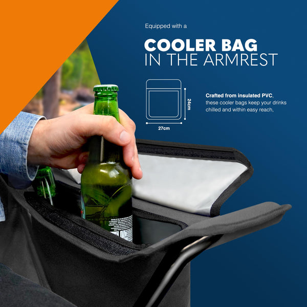 Voyager Folding Camping Chairs 2 Pack with Cooler Bag, Lightweight Q195 Steel Frame, 600D Oxford Fabric, Portable & Comfortable - Black (Black, Padded)