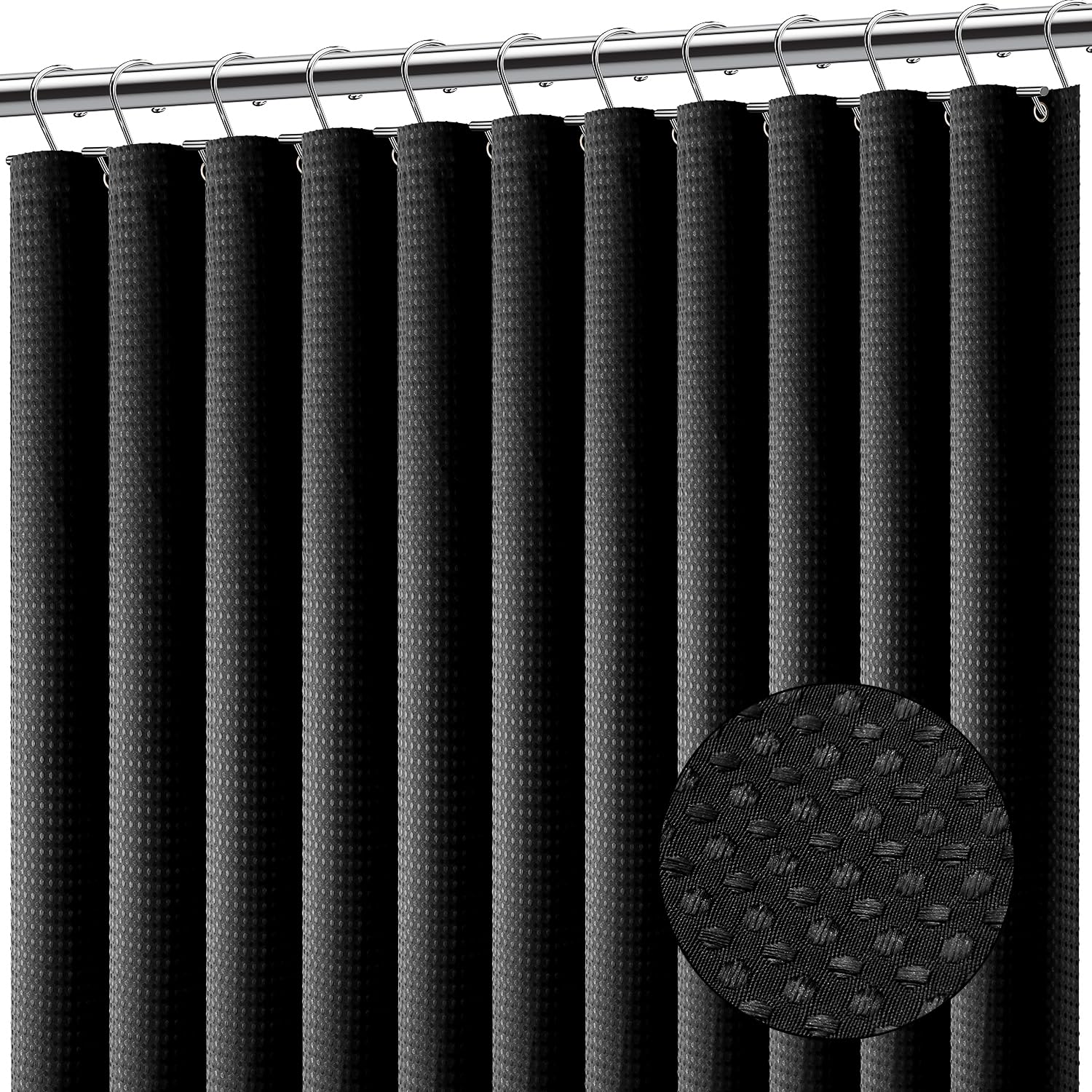 Clara Clark Black Shower Curtain - Waterproof Shower Curtains for Bathroom, Waffle Shower Curtain Fabric, Bathroom Curtain, Fabric Shower Curtain 180