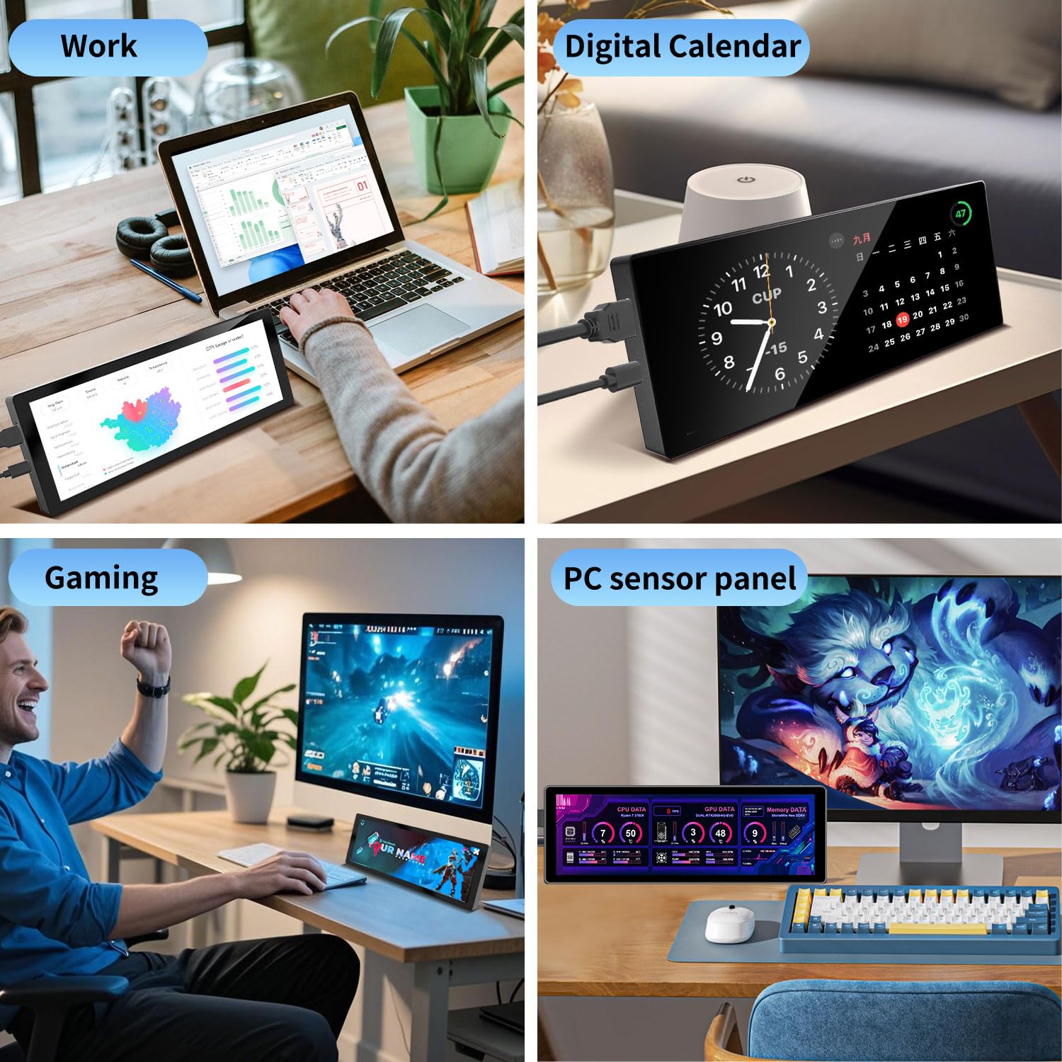 Ulrhzar Small Touchscreen Monitor 7.8inch 1280x400P 60Hz 300cd/m² Brightness for Raspberry Pi PC Laptop, Touch Screen Portable Monitor GPU CPU AIDA64 Monitoring