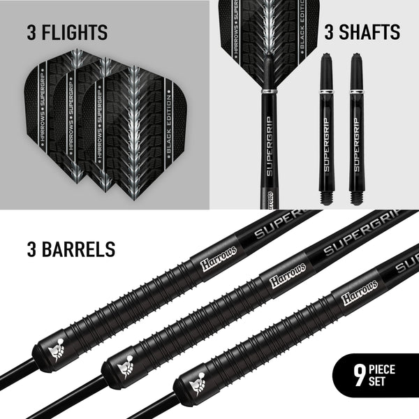 Harrows SUPERGRIP BLACK EDITION 90% Tungsten Steel Tip Darts Set. Available in 21g, 22g, 23g, 24g, 25g, 26g, 28g & 30g - Includes Supergrip Shafts &