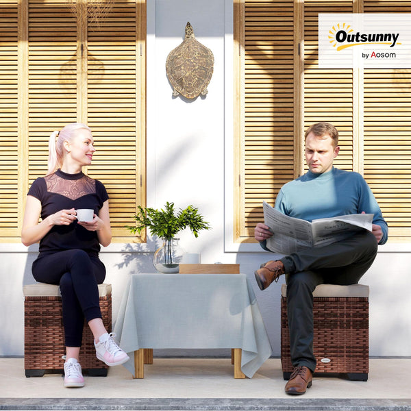 Outsunny Set of 2 Rattan Storage Ottoman, Outdoor Footstool with Removable Cushions, Garden Storage Seat for Balcony, Porch, Living Room, Beige