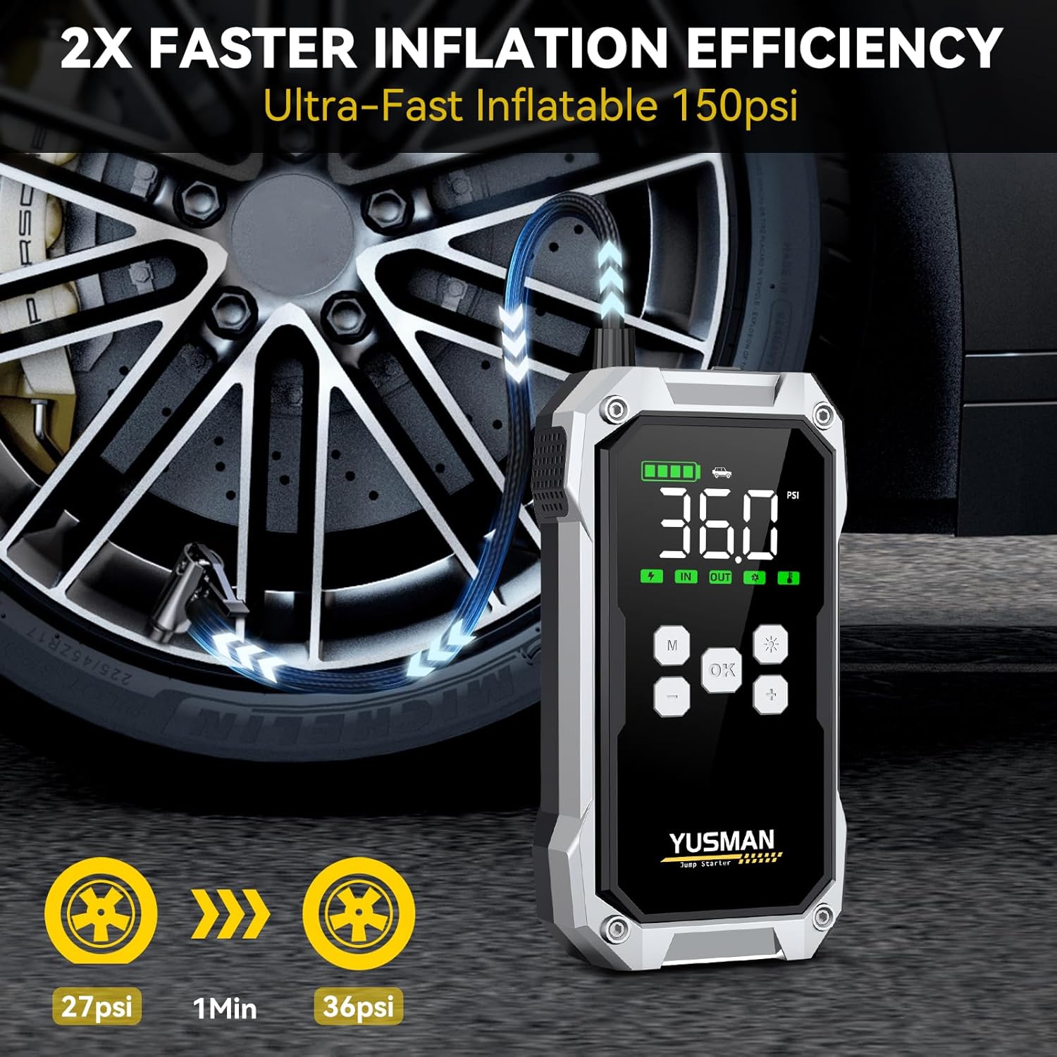 Jump Starter Power Pack with Air Compressor, 7000A 150PSI Portable Car Battery Booster (All Petrol/10L Diesel), 12V Car Jump Starter Power Bank with Jump Leads, LCD Screen, 2 LED Light