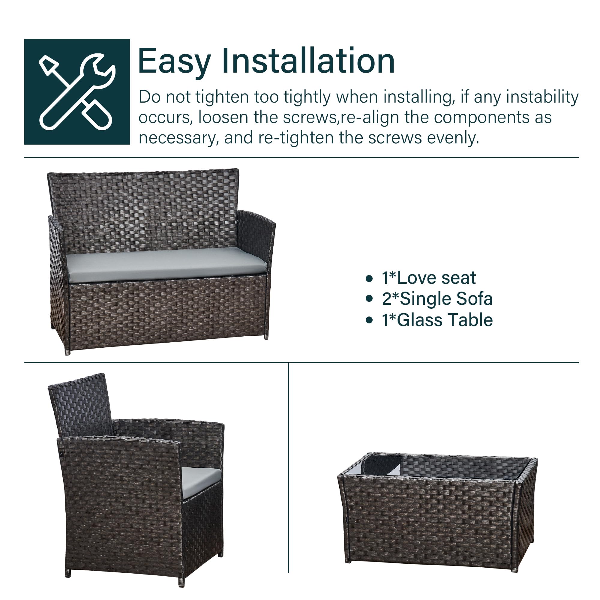 4 Piece Rattan Garden Furniture Sets, Patio Conservatory Set, Include Rattan loveset Sofa, Chair, Glass Coffee Table