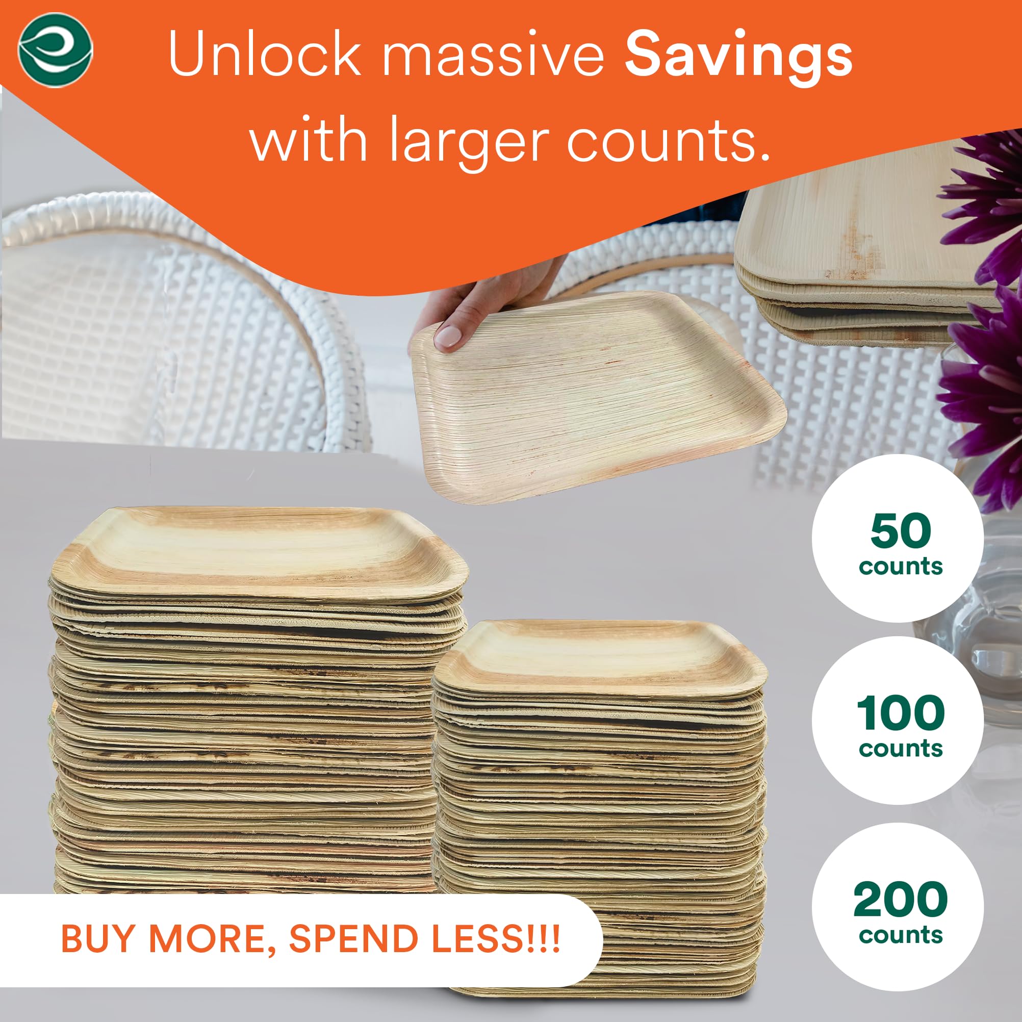 ECO SOUL 100 Palm Leaf Square Plates | 50 Large Dinner Plates, 50 Small Appetizer Plates | Compostable Bamboo-Like Disposable Tableware for Party,