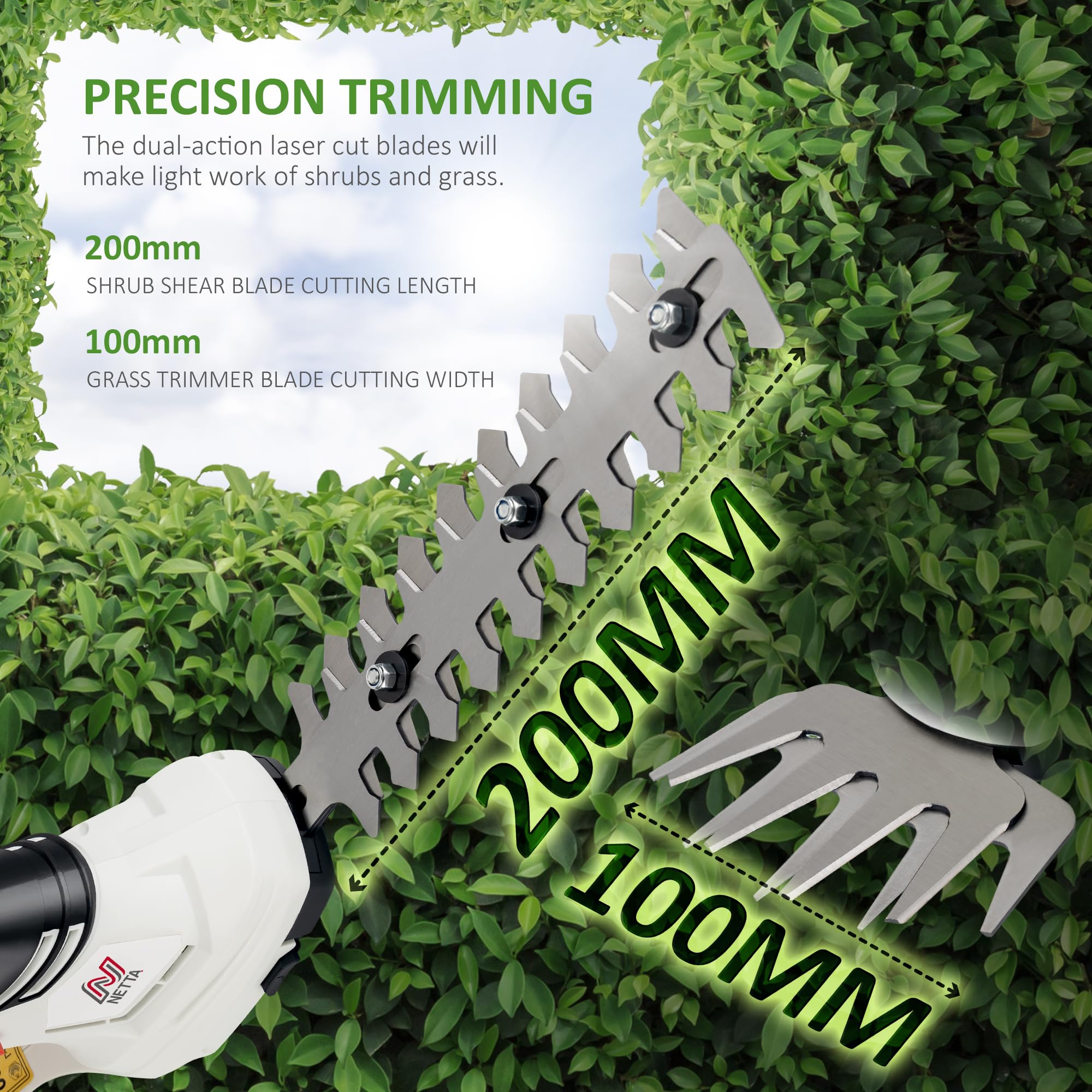 NETTA 2in1 Grass Shear & Hedge Trimmer with 7.2V Rechargeable 1500mAh Lithium-Ion Battery, Edging and Shrub Shear, 2 Interchangeable Blades, Lightweight, Garden Cutting Edge Trimmer, Pruner - Handheld
