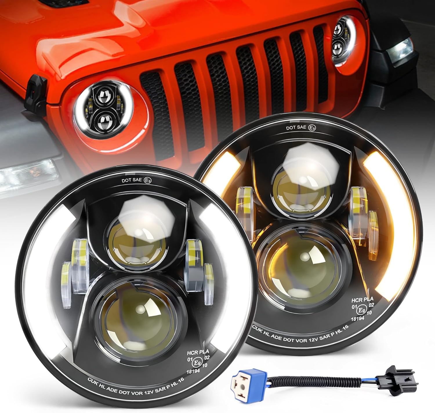 CO LIGHT 7 Inch LED Headlight Round Half Halo Angel Eyes DRL Amber Turn Signal Lights DOT and E-Mark Approved, H6024 LED Headlights with H4 H13 Adapter Compatible for Wrangler JK TJ LJ CJ, 2PCS