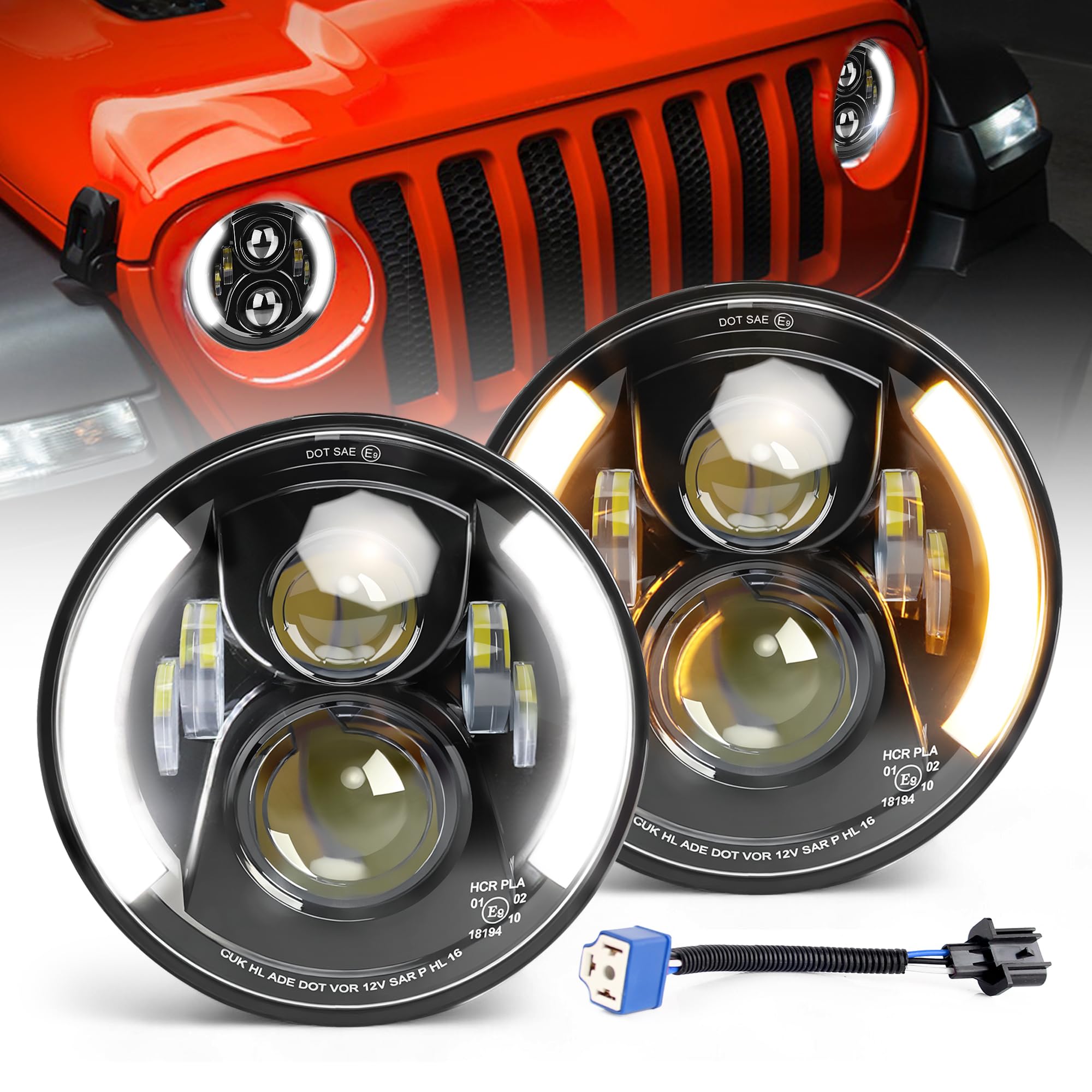 CO LIGHT 7 Inch LED Headlight Round Half Halo Angel Eyes DRL Amber Turn Signal Lights DOT and E-Mark Approved, H6024 LED Headlights with H4 H13 Adapter Compatible for Wrangler JK TJ LJ CJ, 2PCS