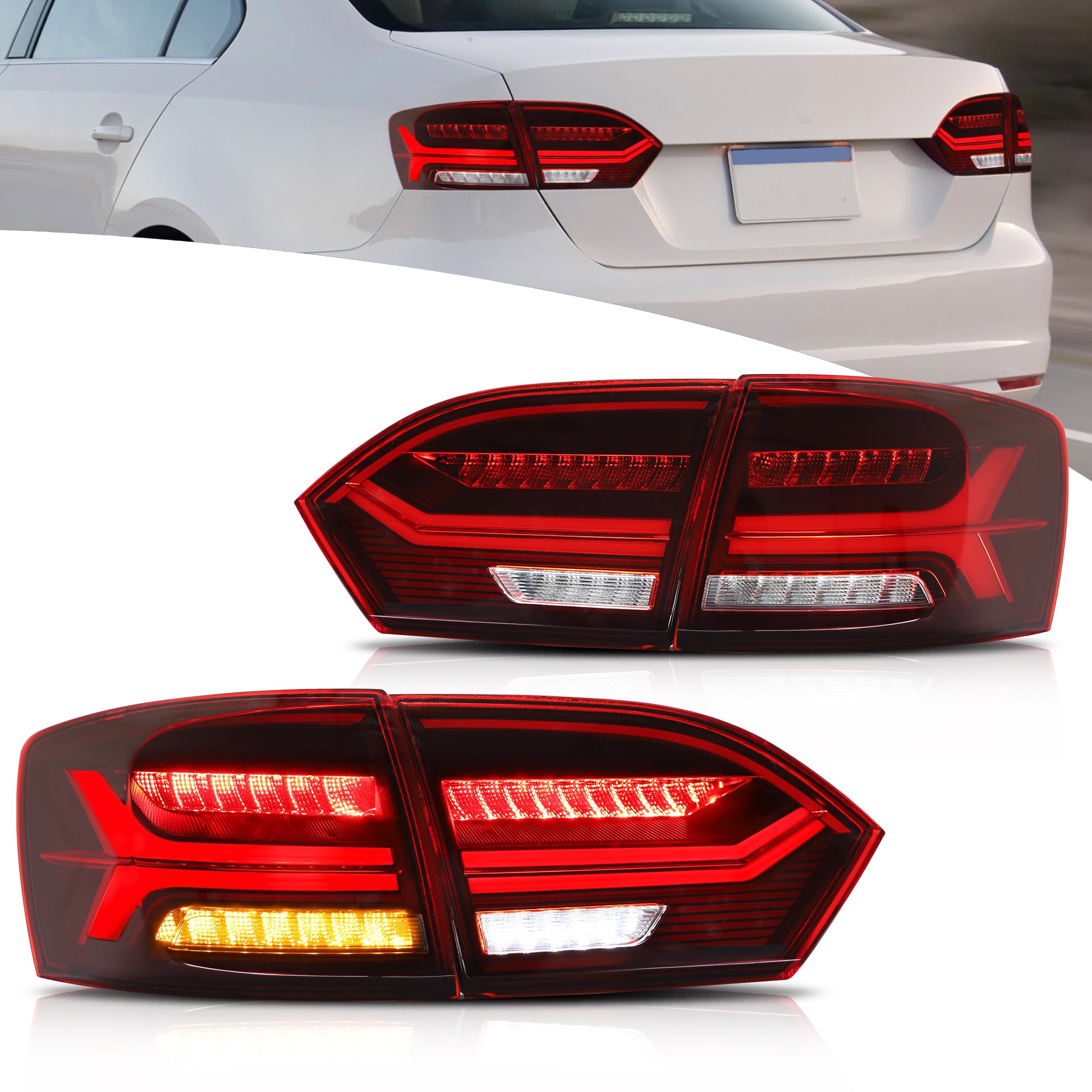 VLAND LED Rear Lights compatible with Jetta MK6 2011-2018 Sedan [Not fit LED & GLI models], Driver & Passenger Side - Red