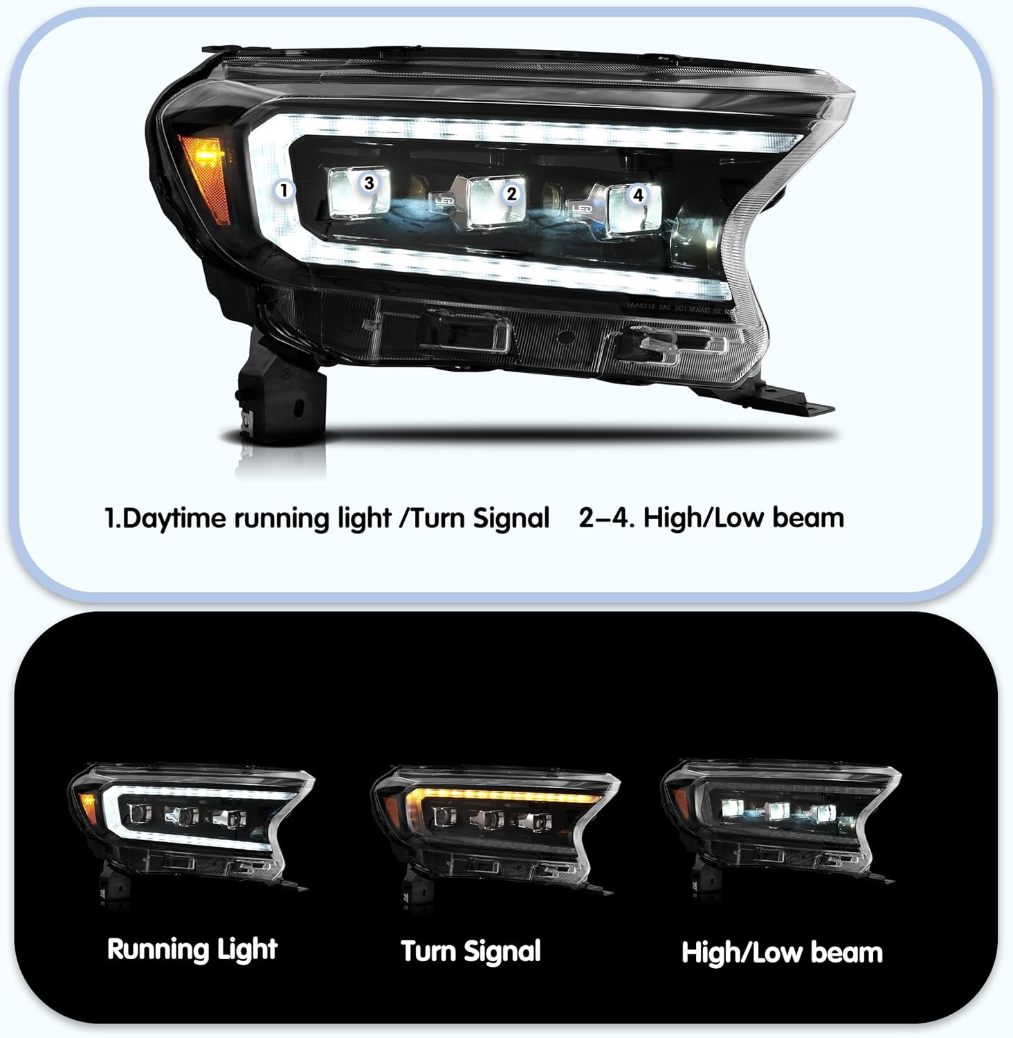 VLAND Headlight Pair Suitable for Ranger T6 T7 T8 T8 XL XLT Wildtrak 2015-2021 with Sequential Indicators (Clear) LHD