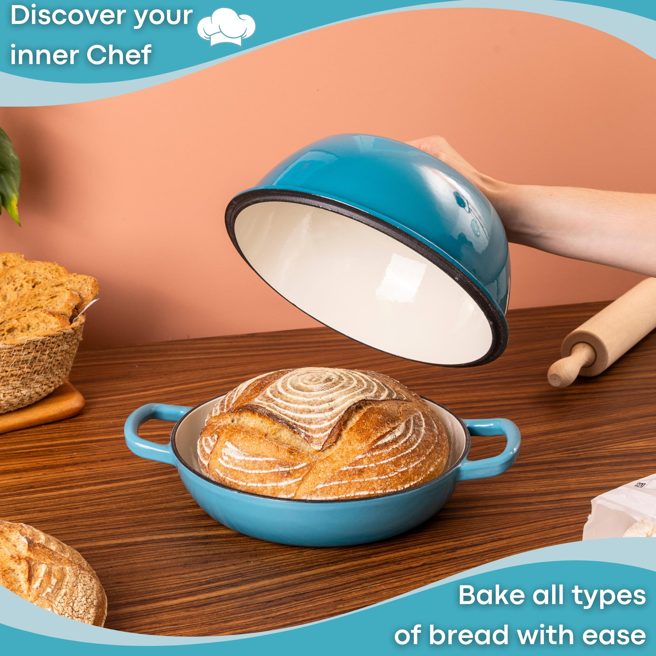 Enamelled Cast Iron Dutch Oven Pot  Dutch Oven For Sourdough Bread Baking  Cast Iron Bread Pot  Blue, 6 Quarts, 22cm  by Nuovva