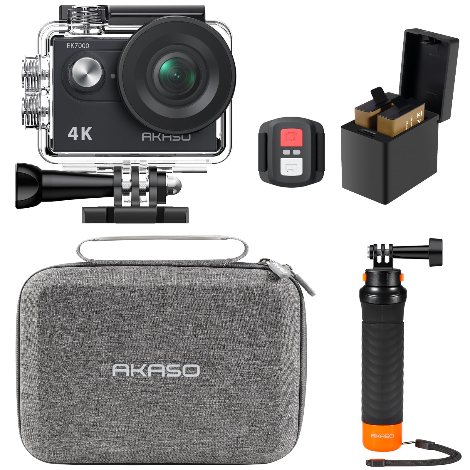 AKASO EK7000 Action Camera Floating Hand Grip Bundle - Includes 4K30FPS EK7000 Underwater Camera, Floating Hand Grip, 2 Batteries, Carrying Case, and Accessory Kits