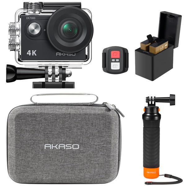 AKASO EK7000 Action Camera Floating Hand Grip Bundle - Includes 4K30FPS EK7000 Underwater Camera, Floating Hand Grip, 2 Batteries, Carrying Case, and Accessory Kits