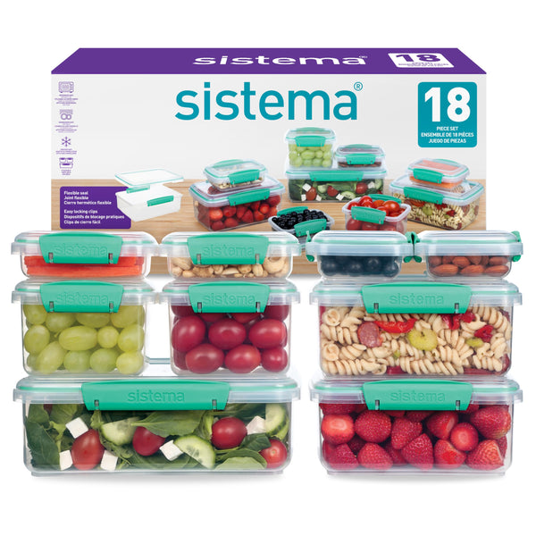 Sistema KLIP IT Food Storage Containers | Airtight & Stackable Meal Prep Containers with Lids | School Lunch Boxes & Snack Boxes | BPA-Free | 18 Count