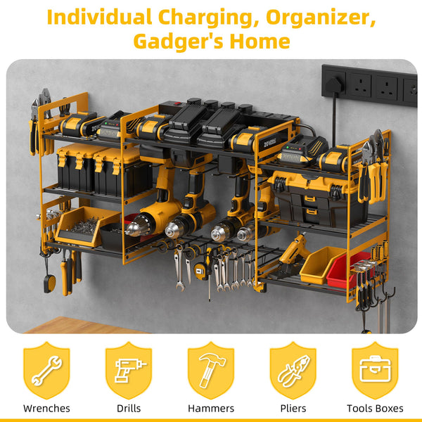 Power Tool Organizer with 6 Way Extension Lead,Large Tools Charging Station,8 Power Drill Tools Heavy Duty Drill Holder Wall Mounted Rack Utility Metal Tool Shelf Storage Organiser for Garage
