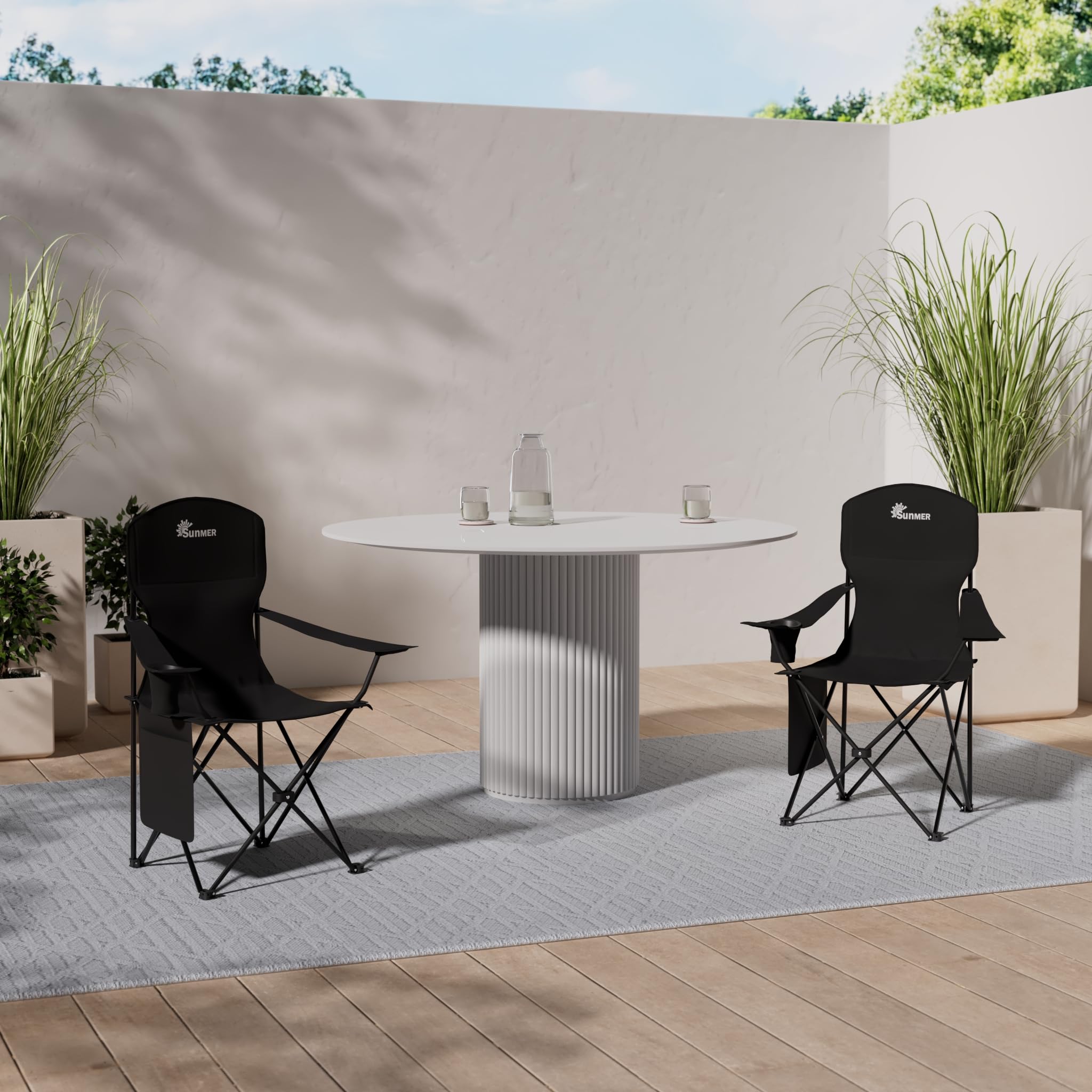 SUNMER Set of 2 Folding Camping Chairs, Extra-Wide Lightweight Outdoor Chairs with Armrests, Cup Holder and a Side Pocket, 120kg Capacity per Chair - Black