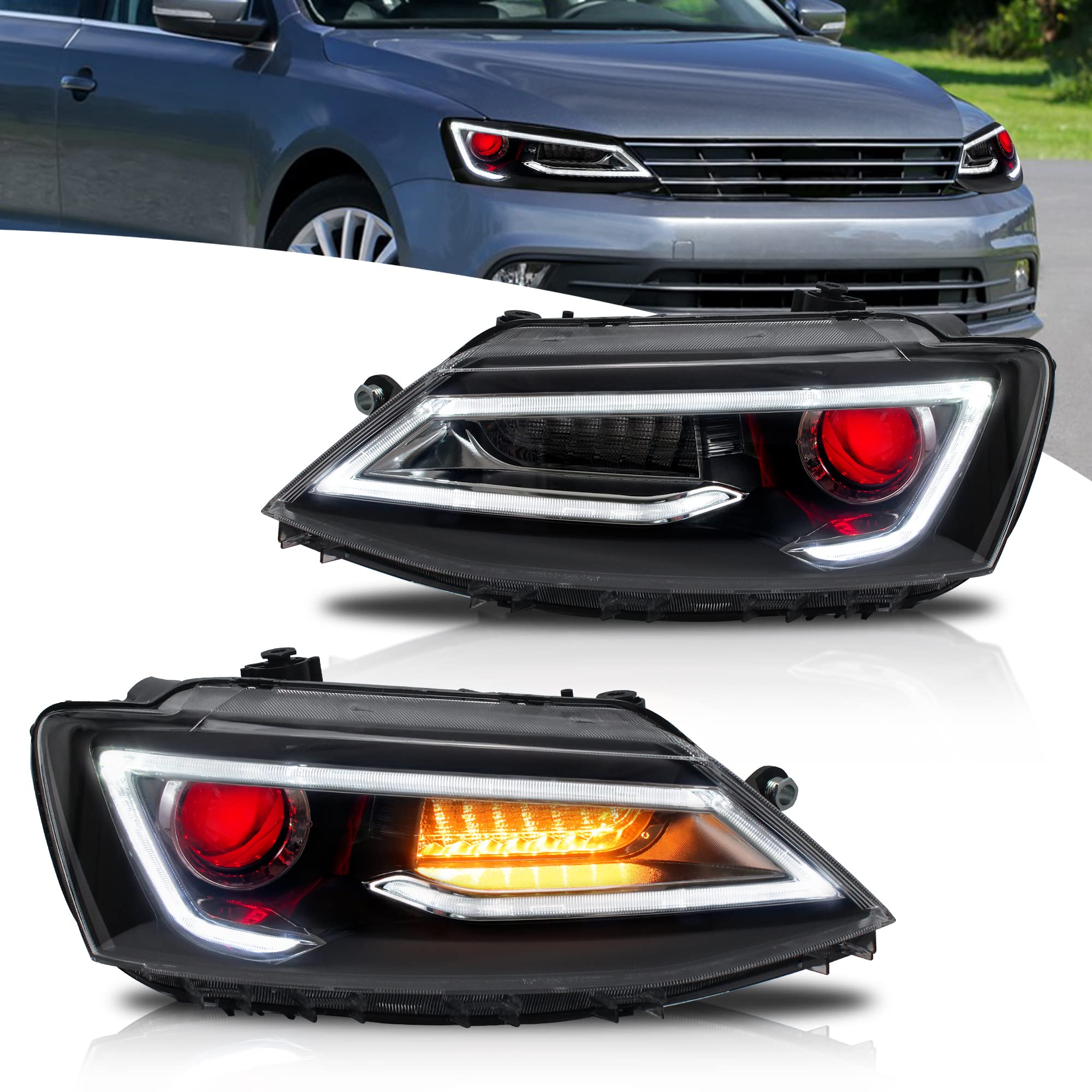 VLAND LED Rear Lights compatible with Jetta MK6 2011-2018 Sedan [Not fit LED & GLI models], Driver & Passenger Side - Red