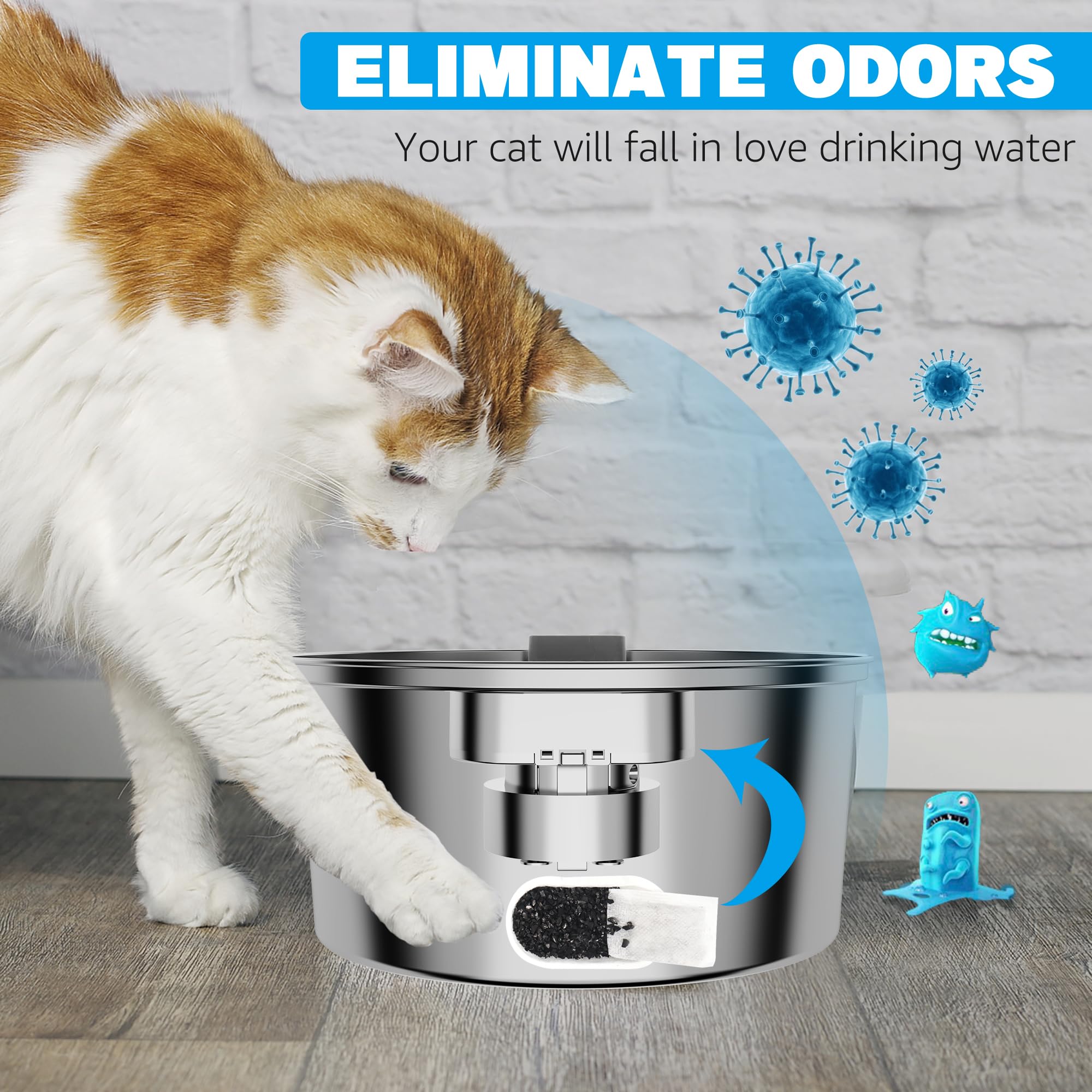 DOOOB Cat Water Fountain for Drinking, 3.2L Pet Water Fountain, Ultra Silent Stainless Steel Automatic Cat Fountain for Cats, Dogs and Other Pets