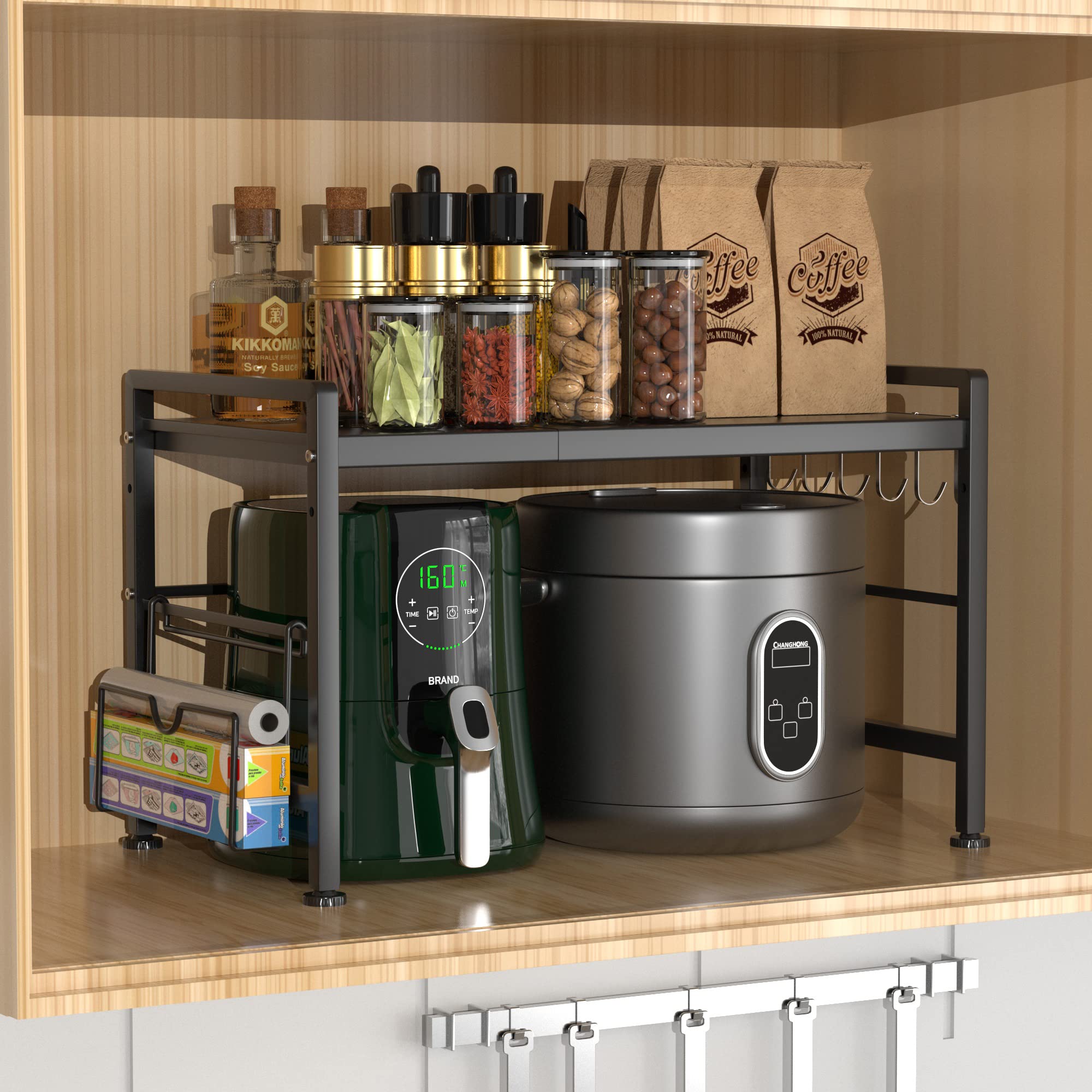 EKNITEY Extendable Microwave Oven Rack - Adjustable Kitchen Counter Shelf, 2 Tier Microwave Stand (L15.7~23.6" xW12.8 xH17.7) with 6 Hooks for Kitchen