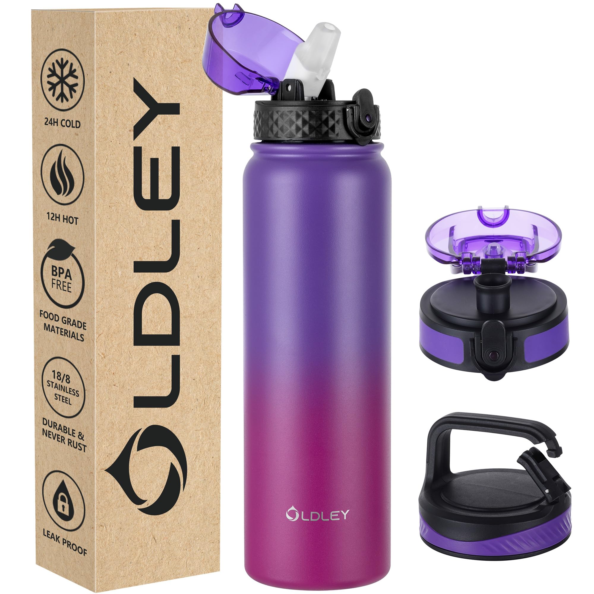 OLDLEY Stainless Steel Water Bottle with Straw 1L Vaccum Insulated Large Drink Flask Metal Water Bottles 1 Litre Leakproof Keep Drinks Hot Cold for Sports Gym with Different Lids(Purple Green, 3 Lids)