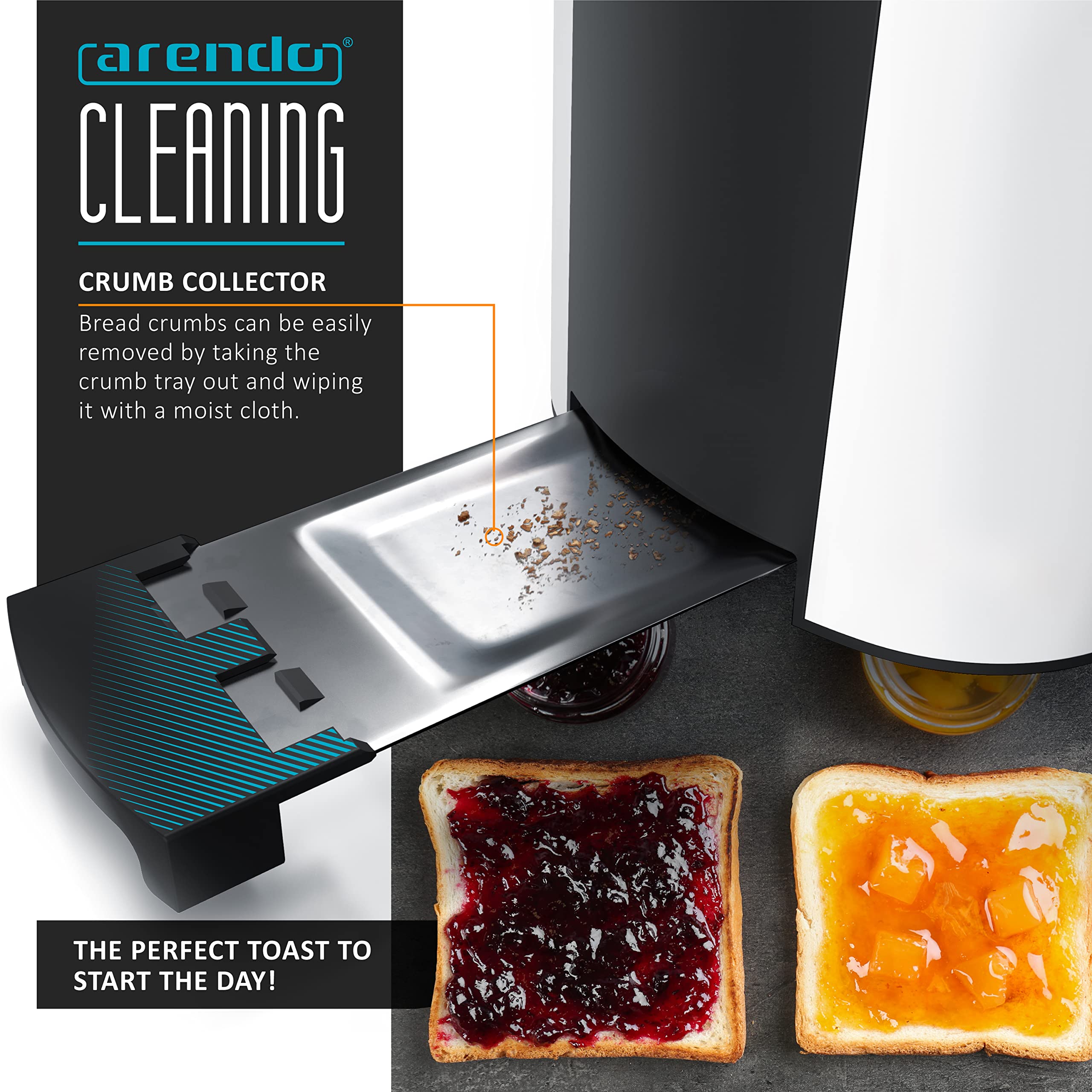 arendo - Frukost 4 slice long slot toaster - double wall housing  with warming rack  6 browning settings  auto bread centring  reheat defrost