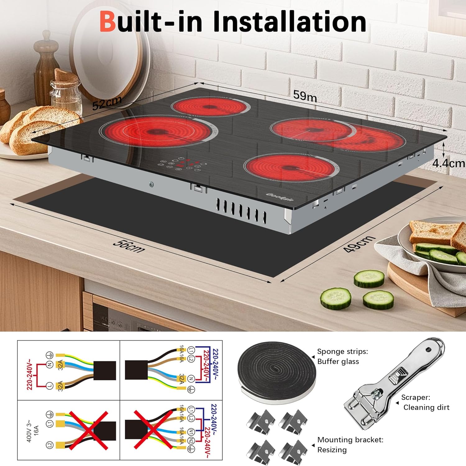 Cooksir Electric Hob 60cm, Ceramic Hob 4 Ring 6700W, Electric Hob 4 Zone with Expandable Dual and Oval Zone, Built-in Hob with Frame, Timer, Safety Lock, 220-240V(No Plug)