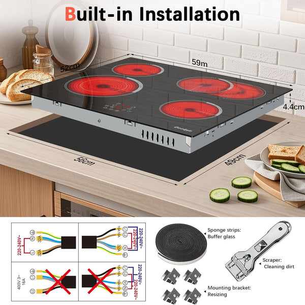 Cooksir Electric Hob 60cm, Ceramic Hob 4 Ring 6700W, Electric Hob 4 Zone with Expandable Dual and Oval Zone, Built-in Hob with Frame, Timer, Safety Lock, 220-240V(No Plug)