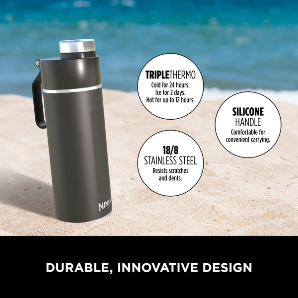 Ninja Thirsti Water Bottle and Flask 709 ML With Leak-Proof Lid, Designed For Carbonated, Hot & Cold Drinks, Ideal For Travel & Sports, Triple Insulated, Stainless Steel Bottle, Black, DW2401EUUKBK