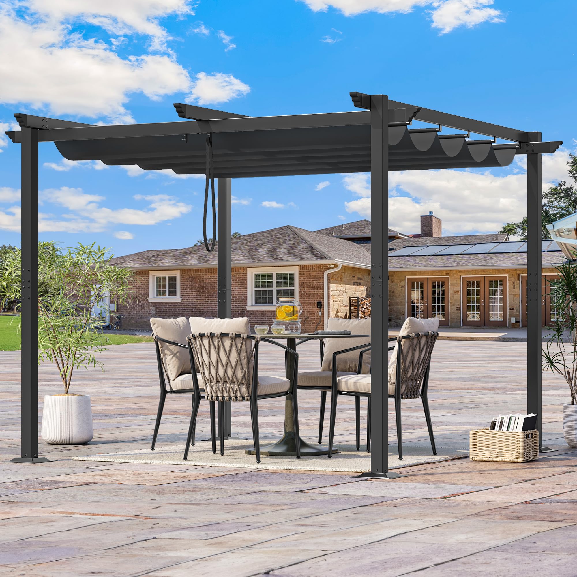 Metal Pergola with Retractable Roof, Outdoor Pergola Includes Water-Resistant and SPF 15 PU Coated Canopy, Sun Shade for Barbecue Events, Garden Parties, and Lawn in Dark grey 3x3Meter