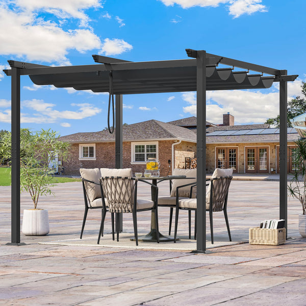 Metal Pergola with Retractable Roof, Outdoor Pergola Includes Water-Resistant and SPF 15 PU Coated Canopy, Sun Shade for Barbecue Events, Garden Parties, and Lawn in Dark grey 3x3Meter