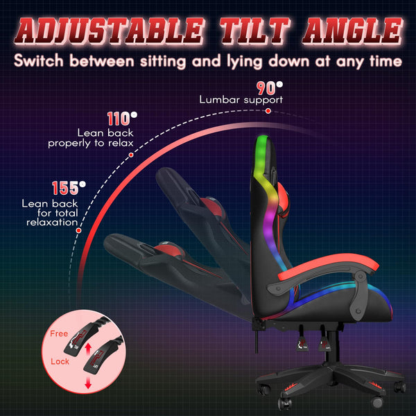 bigzzia RGB Gaming Chair with LED Lights and Ergonomic Computer Chair Reclining PU Leather High Back Video Game Chair with Headrest Adjustable Lumbar Support Linkage Armrest for Adults (Black/Grey)