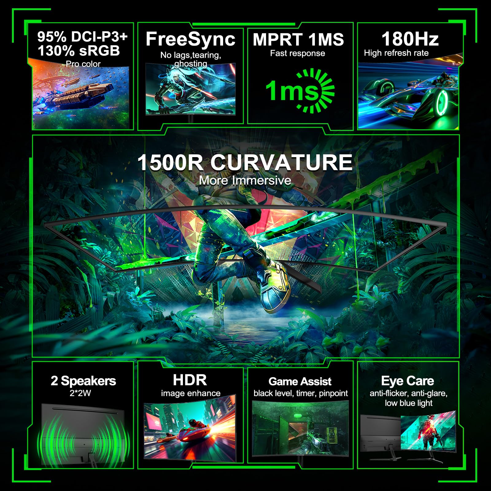 Minifire 27 Inch Gaming Monitor, 180Hz, Curved Gaming Monitor, Built in Speaker, Crosshair, 1Ms, sRGB130%, FHD 1080P Computer Screen, VESA Compatible, Eye Care Adaptive Sync HDMI＆DP Prots （MFG27C1 ）