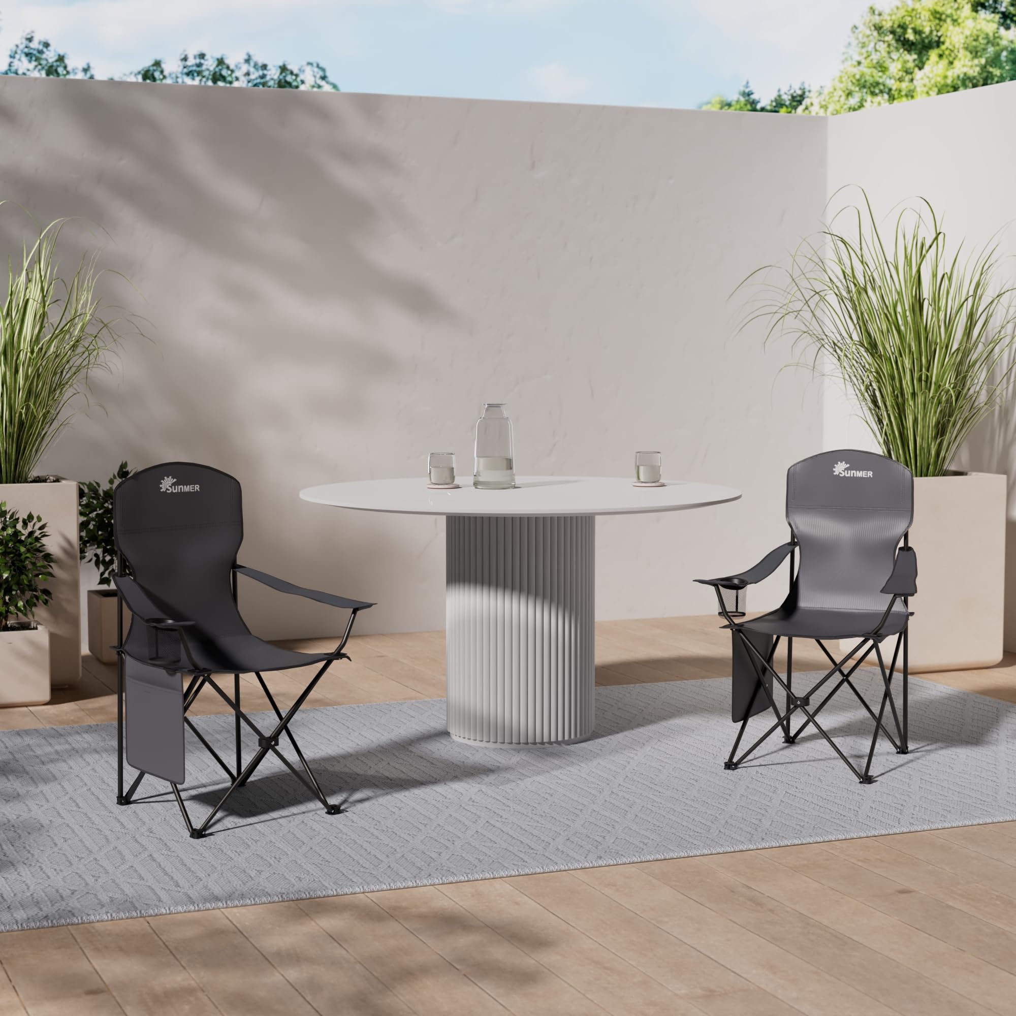 SUNMER Set of 2 Folding Camping Chairs, Extra-Wide Lightweight Outdoor Chairs with Armrests, Cup Holder and a Side Pocket, 120kg Capacity per Chair - Black