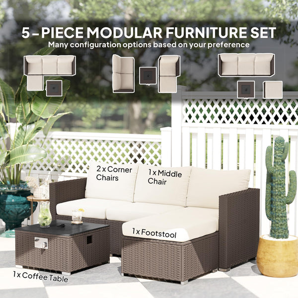 Outsunny 5 Piece Rattan Garden Furniture Set with Gas Fire Pit Table, 4 Seater Outdoor Sectional Sofa Set with Footstool and Removable Cushions, Modular Combination, Brown and Cream White