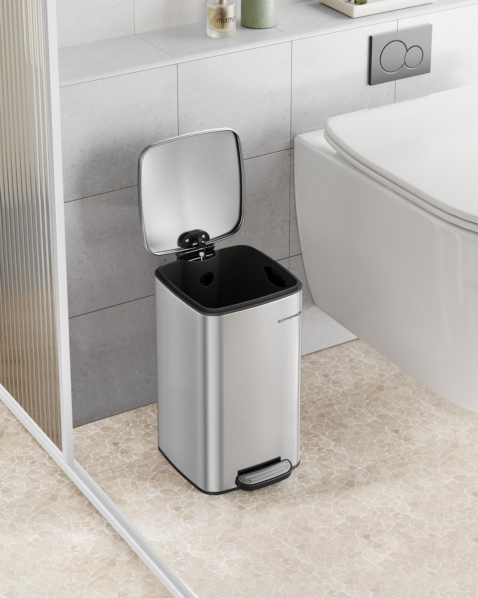 SONGMICS Kitchen Bin, 8-Gallon (30 L) Trash Bin, Steel Pedal Bin, with Inner Bucket, Soft Close and Stays Open, Metallic Silver LTB593E01
