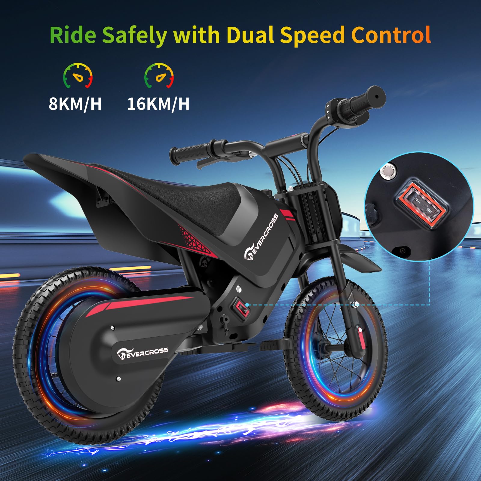 EVERCROSS EV05M Electric Motorcycle for Kids, 150W Kids Ride On Motor-cycle, 8/16 km/h Speed Modes & 15 km Long-Range Electric Motorcycle, 12'' Moto Cross for Children Aged 3-12 Years