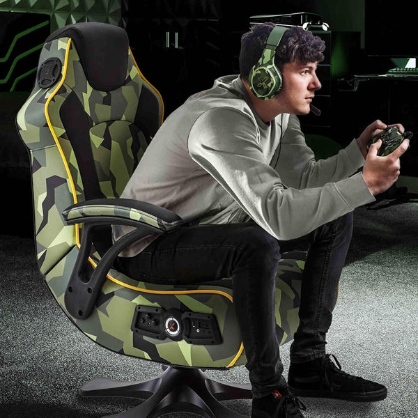 X-Rocker Covert Ops Gaming Chair, 2.1 Multi-Stereo Sound Console Gaming Seat with Bluetooth Speakers, Subwoofer and Vibration Faux Leather Folding for Mobile, Switch, PS5, XBOX - Camo Green/Black