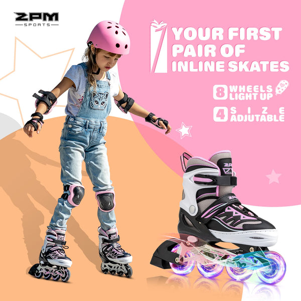 2pm Sports Adjustable Light up Inline Skates, Stylish Design Beginner Roller Skates for Boys and Girls - Pink Medium