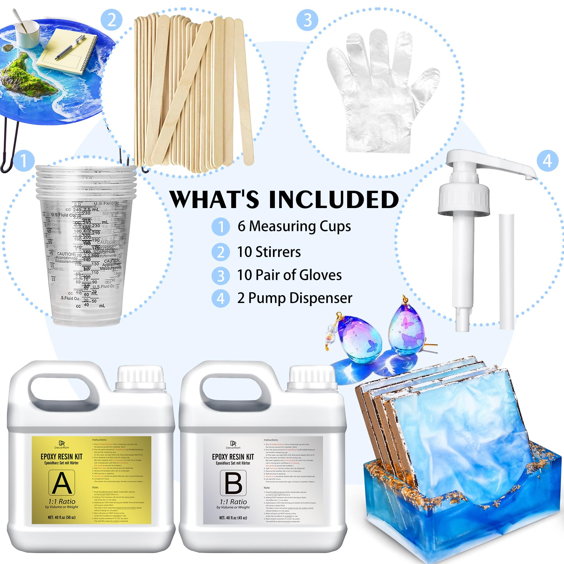 Epoxy Resin Kit - 2.4L / 95oz Crystal Clear Self-Leveling Epoxy Resin with Pump for DIY Resin Art, Table Top, Jewelry Making - 1:1 Ratio Bubbles Free