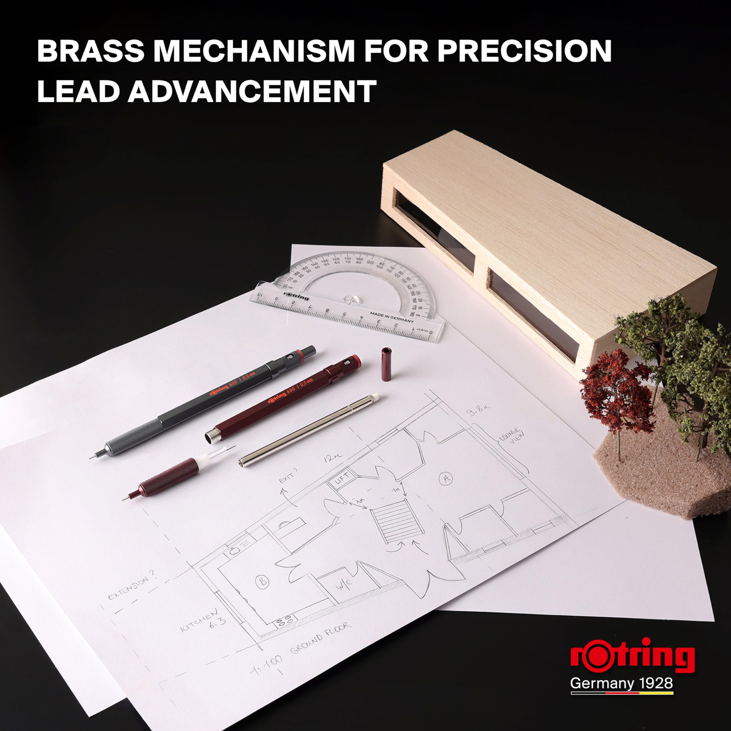 rOtring 600 3-in-1 Multicolour Pen and Mechanical Pencil | Black & Red Ballpoint Pen Tips | 1 Mechanical Pencil Tip (0.5mm) | Silver Barrel