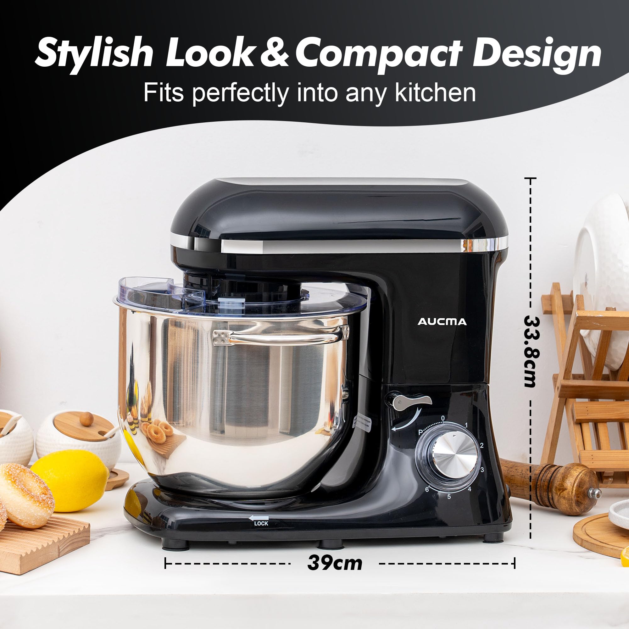 Aucma Stand Mixer, 6.2L Food Mixers for Baking, Electric Kitchen Mixers with Bowl, Dough Hook, Wire Whip & Beater (6.2L, Black)